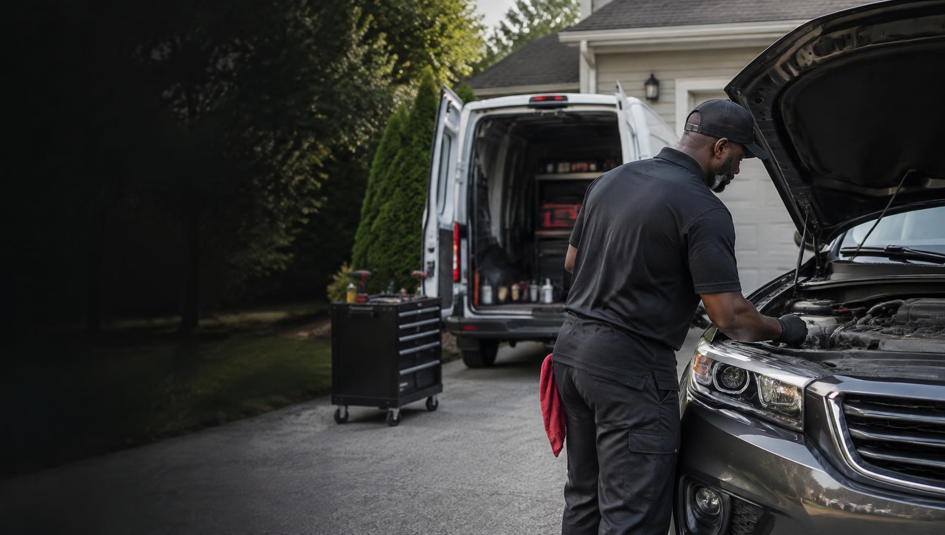 Mobile mechanic working on a vehicle in a customer driveway